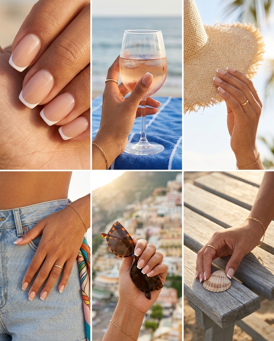 Micro French soft square nails with sheer nude base. Chic for summer nails square medium 2026.