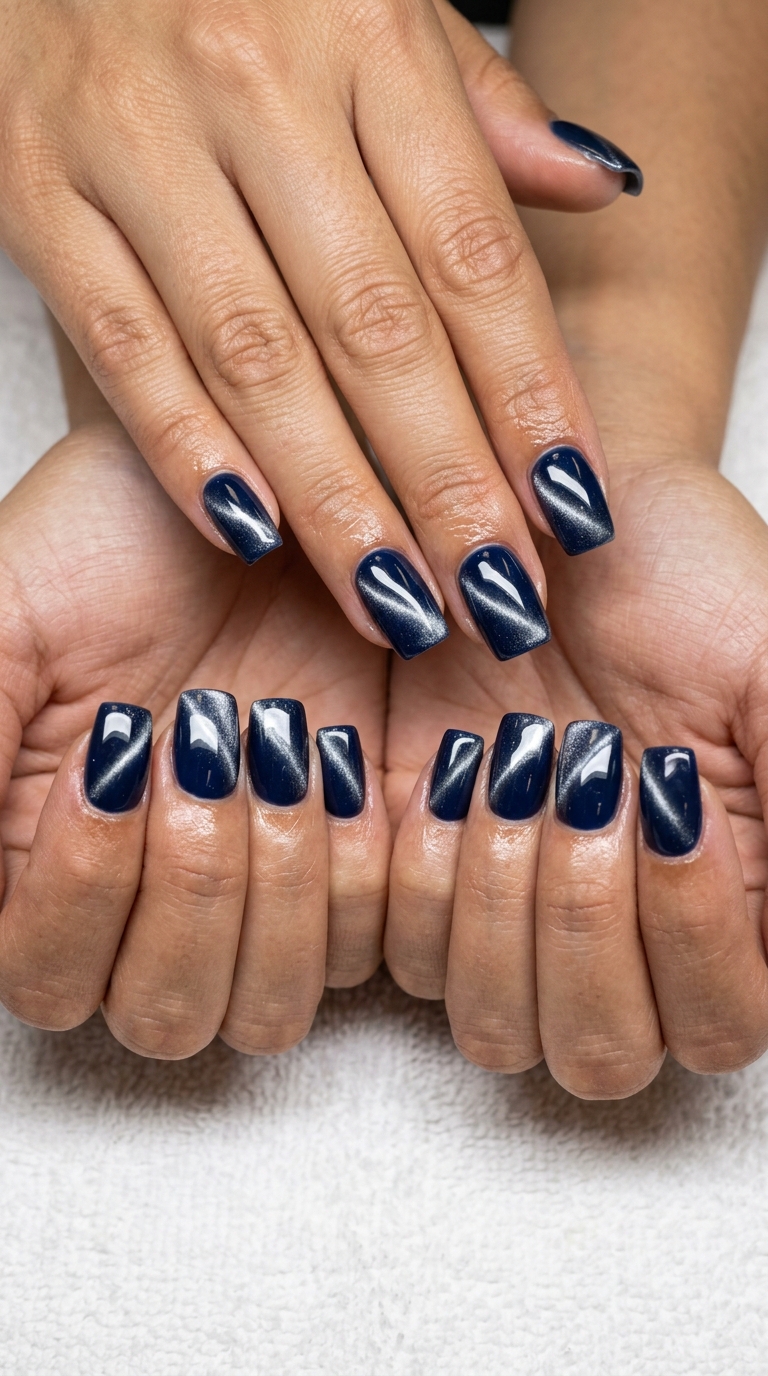 Midnight Cat-Eye Lines Square nails for summer nails square medium 2026. Sultry navy blue with silver magnetic shift.