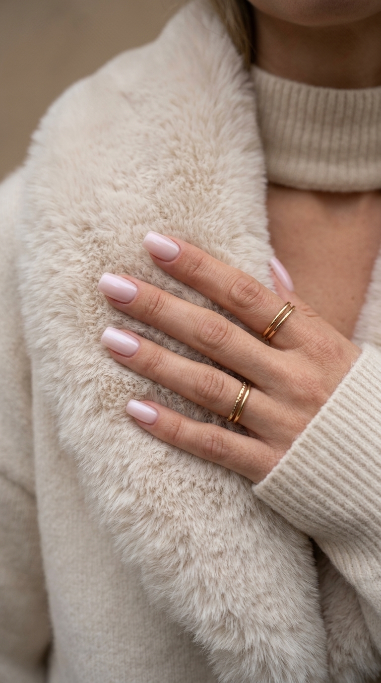 Milky pink soft square medium nails with pearl undertone. Clean for summer nails square medium 2026.