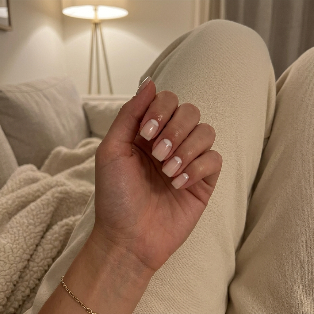 Milky Reverse French Summer nails: clear base with opaque milky white crescent for summer nails square medium 2026.