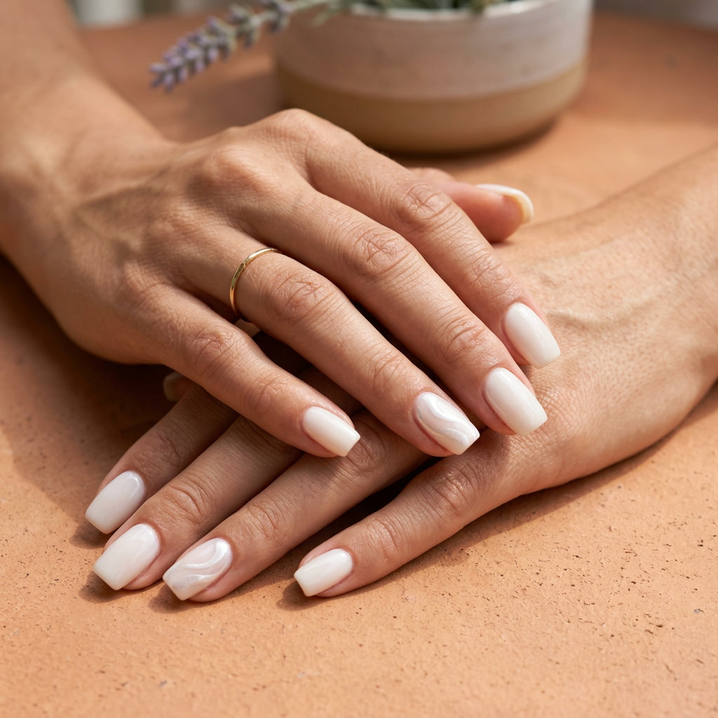 Milky White Square Glossy nails for summer nails square medium 2026. Clean, polished, and minimalist opaque white.