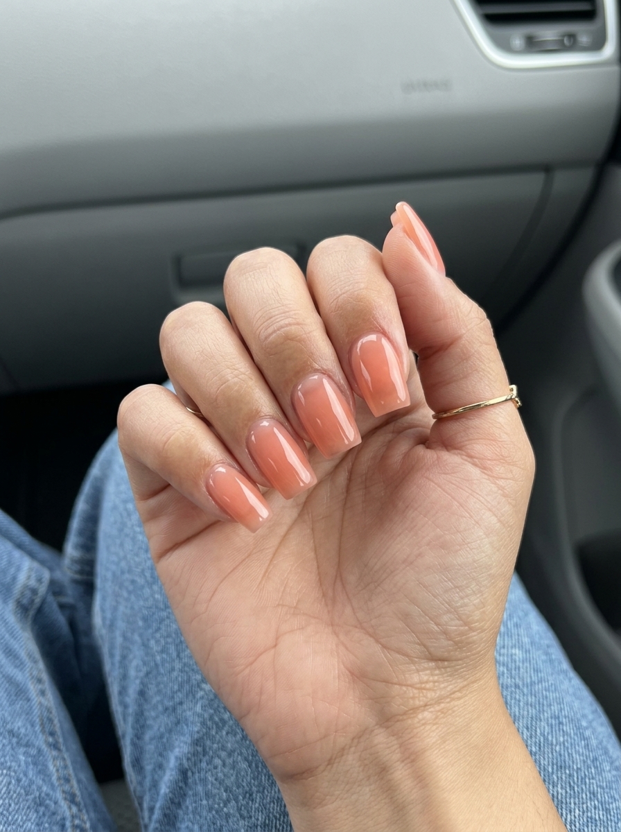 Juicy peach jelly glossy square medium nails. Fresh for summer nails square medium 2026.