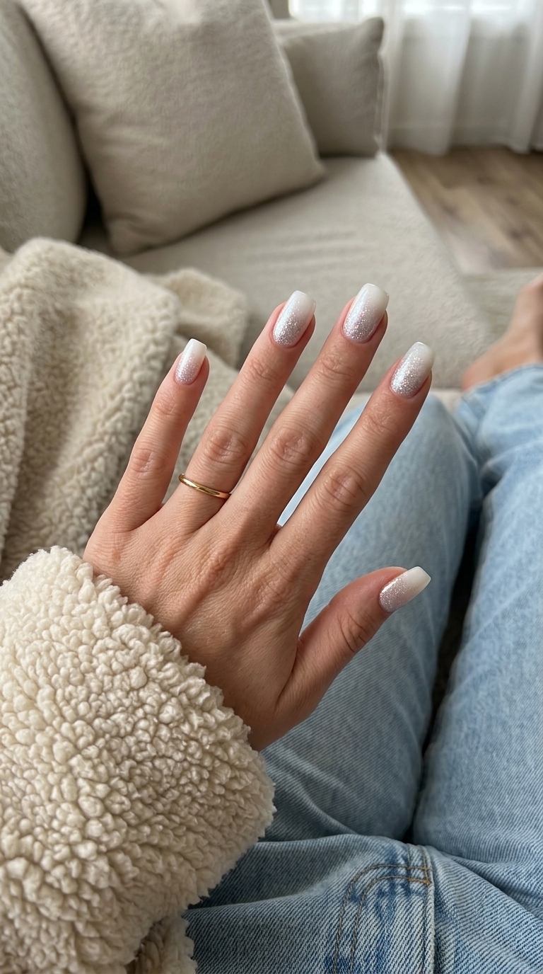 Shimmer gradient soft square nails with milky white and silver glitter. Glam for summer nails square medium 2026.
