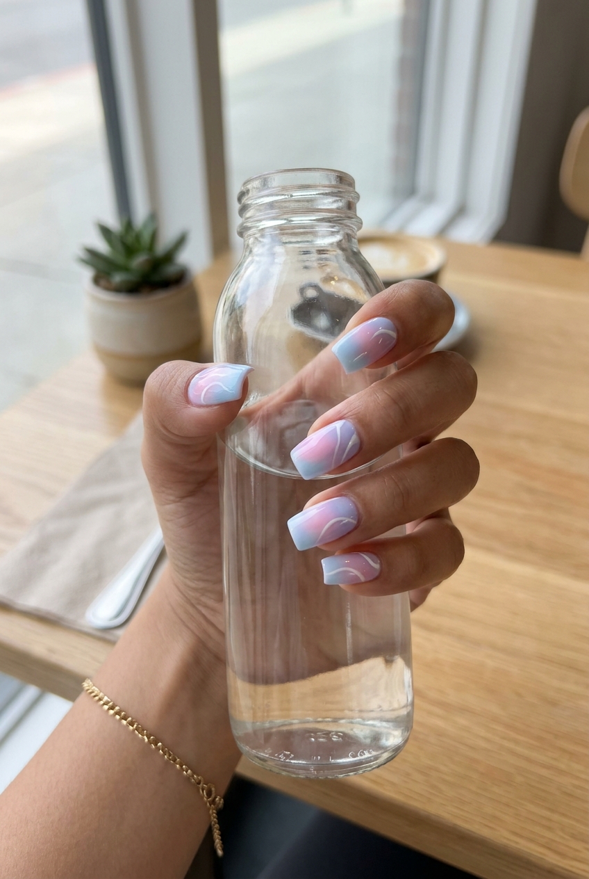 Watercolor swirl gradient square nails with pastels. Artistic for summer nails square medium 2026.