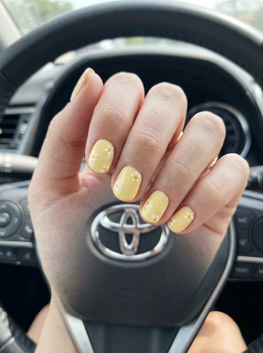 Butter yellow daisy dot short round nails for summer 2026. Whimsical and sweet casual everyday outfit.
