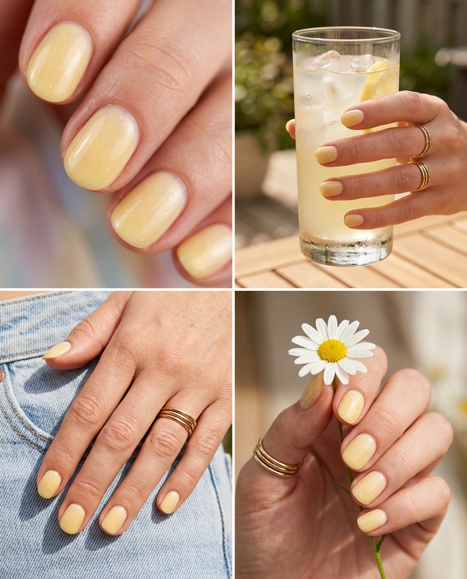 Soft butter yellow milky bath short round nails for summer nails yellow 2026. Clean-girl style.