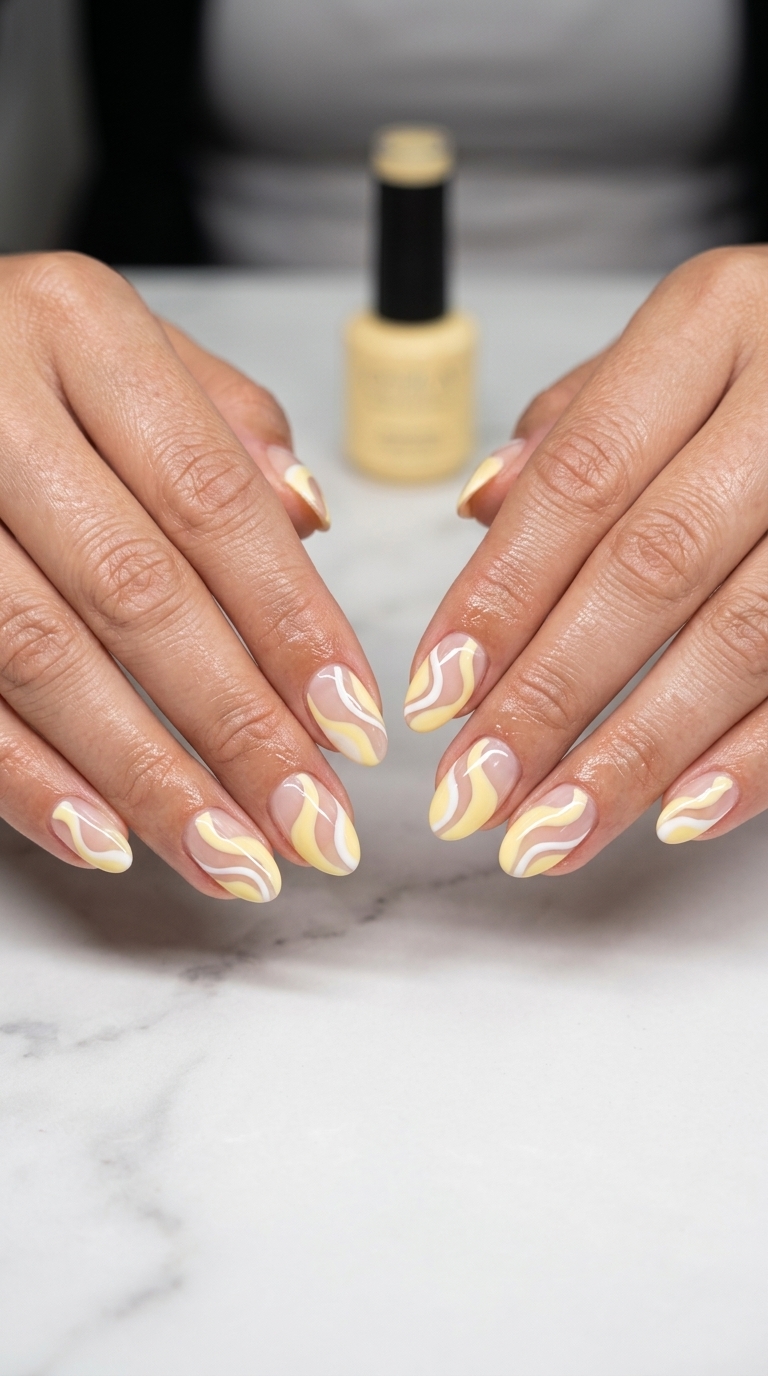 Sophisticated butter yellow negative space swirl oval nails for summer nails yellow 2026. Wedding guest.