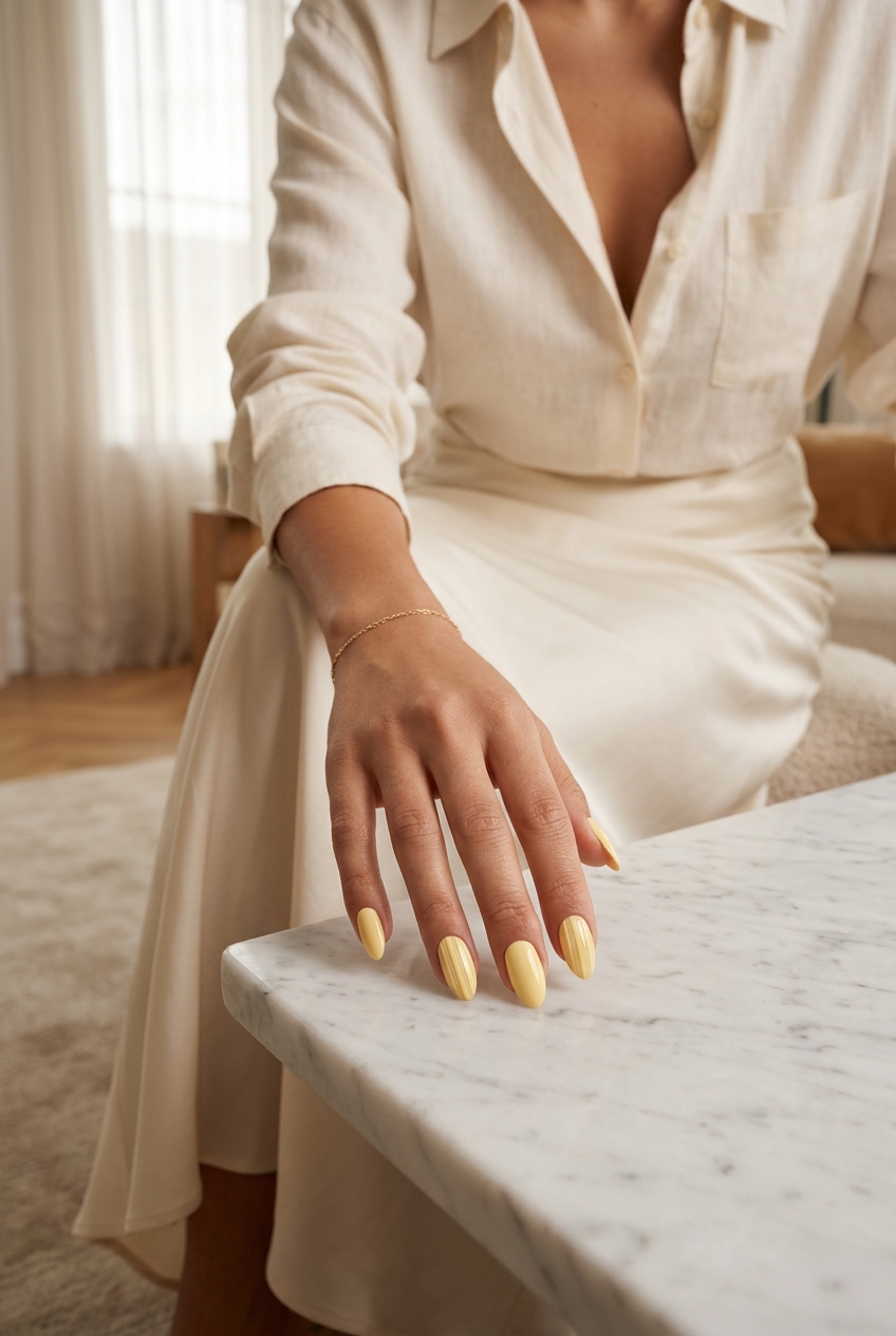 Minimalist butter yellow textured lines almond nails for summer nails yellow 2026. Professional.