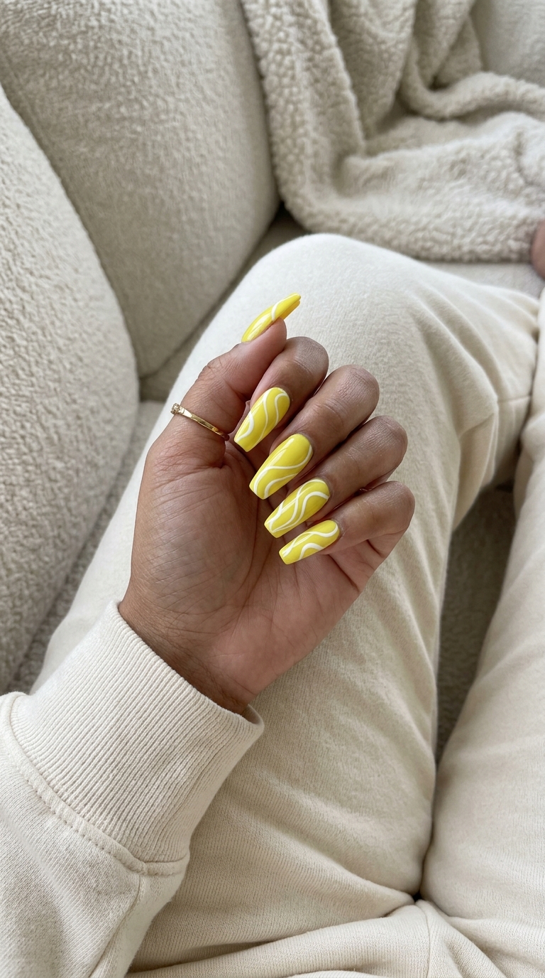 Playful lemon zest yellow abstract swirl coffin nails for summer nails yellow 2026. Festival.