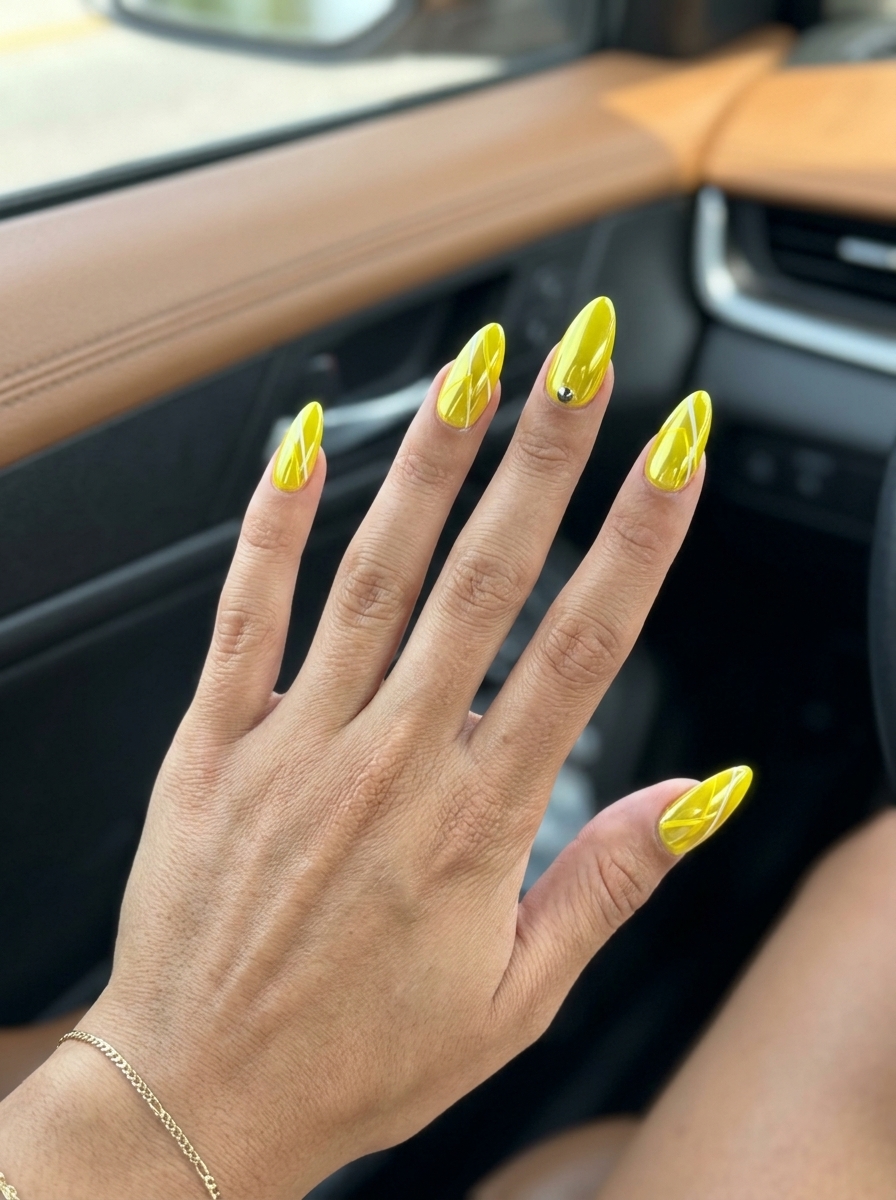 Futuristic lemon zest yellow chrome abstract lines long almond nails for summer nails yellow 2026. Festival.