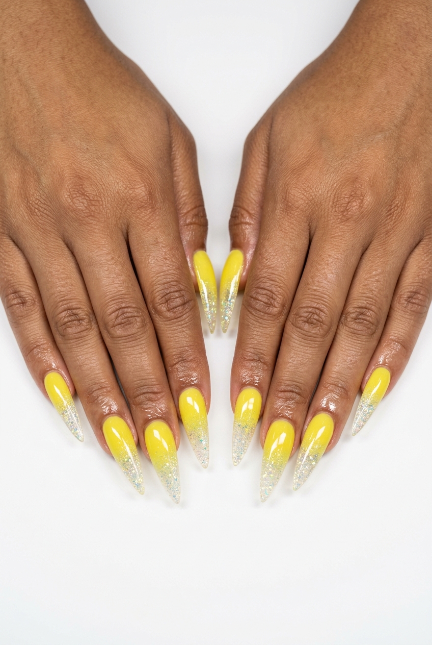 Sparkling lemon zest yellow glitter ombre stiletto nails for summer nails yellow 2026. Clubbing style.