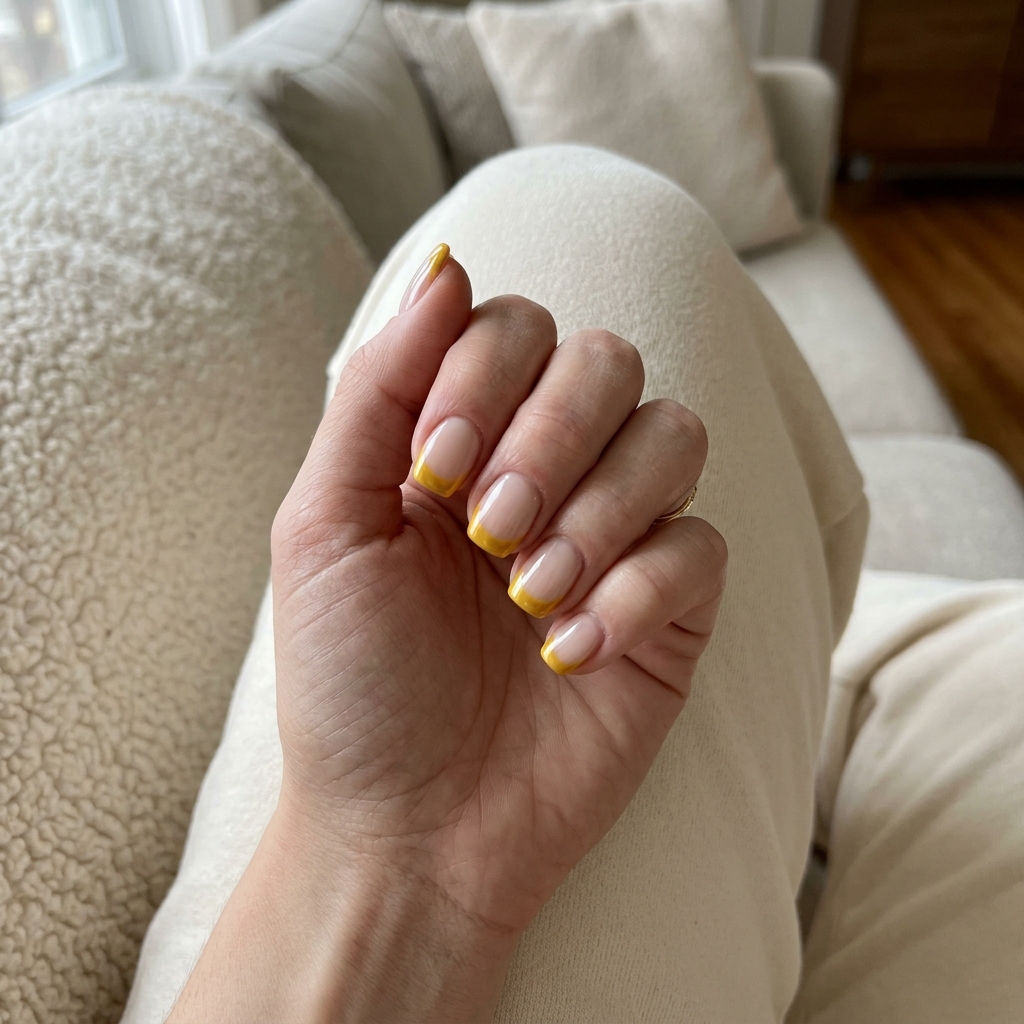Mustard yellow chrome French tip nails for casual everyday, outdoor events. Summer nails yellow 2026.