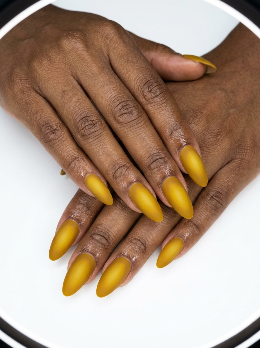 Mustard yellow aura matte nails for summer 2026. Earthy and sophisticated vacation or casual outing style.