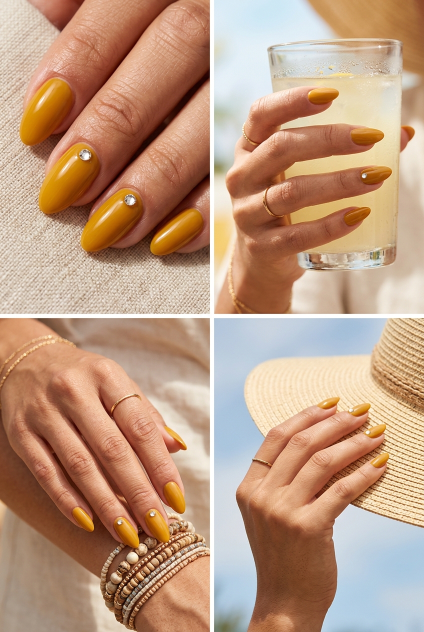 Glamorous mustard yellow rhinestone accent almond nails for summer nails yellow 2026. Party style.