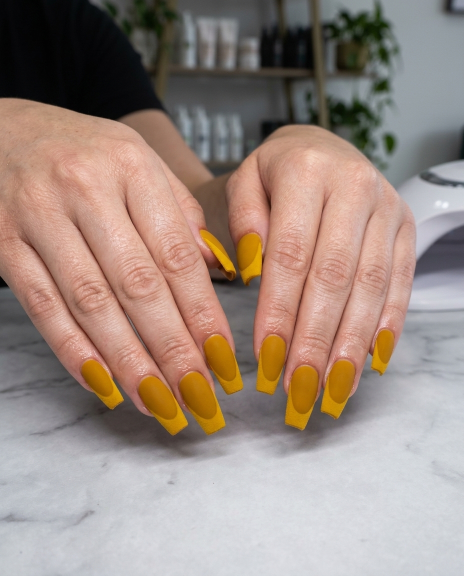 Mustard yellow velvet French tip long coffin nails for summer 2026. Sultry and luxurious date night style.