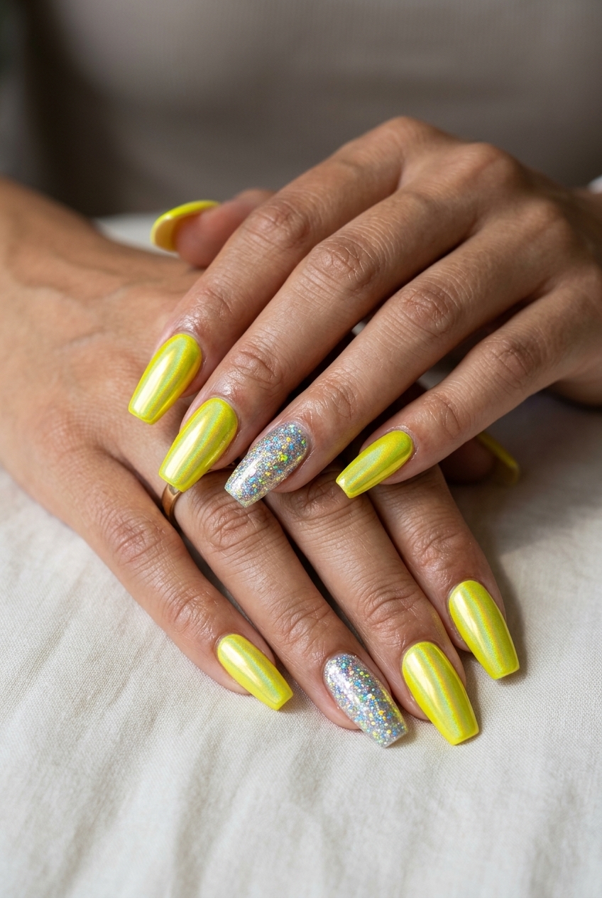 Neon yellow chrome flare accent nails for summer 2026. Edgy and futuristic festival or concert statement.