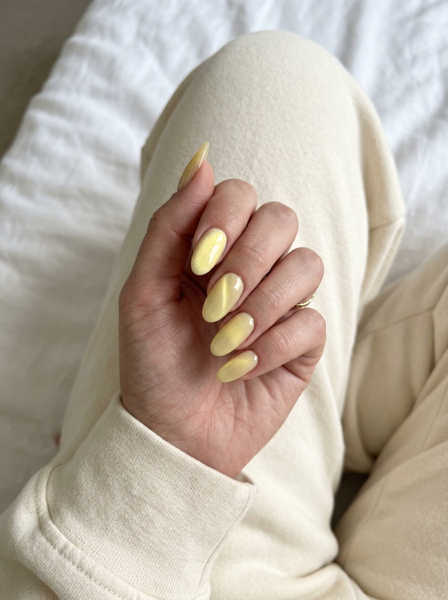 Pastel yellow cat-eye oval nails for date night, romantic evening, wedding guest. Summer nails yellow 2026.