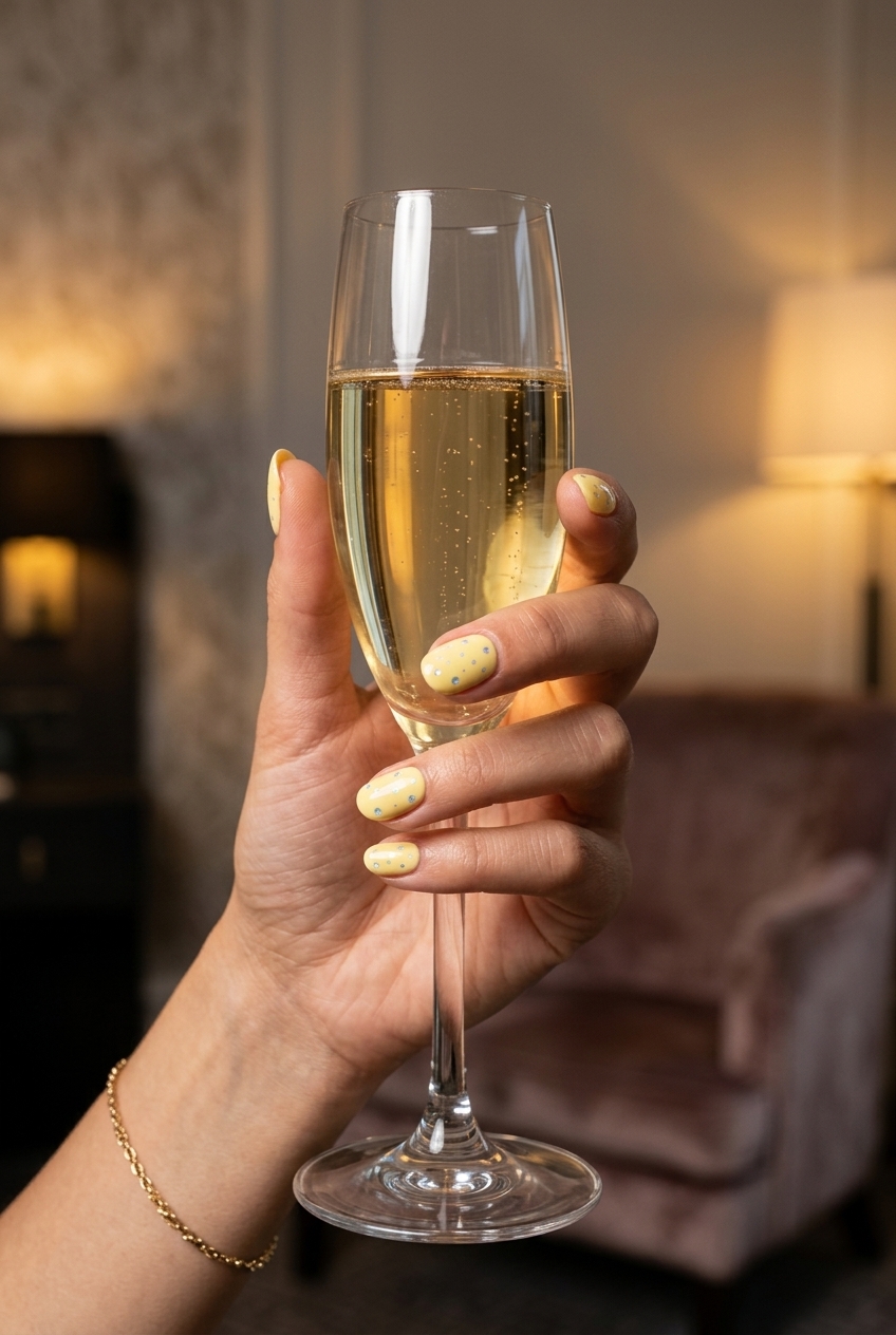 Pastel yellow holographic dots short round nails for summer 2026. Whimsical and sparkly casual outing style.
