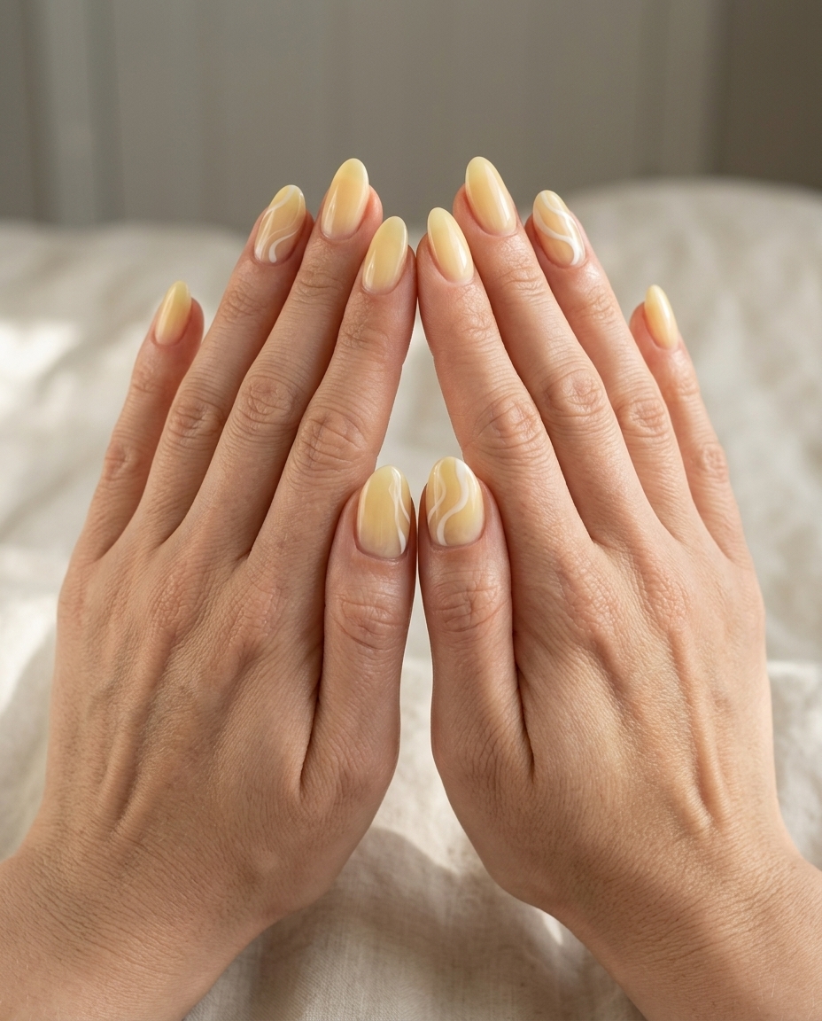 Romantic pastel yellow milky bath oval swirls for summer nails yellow 2026. Bridal shower.