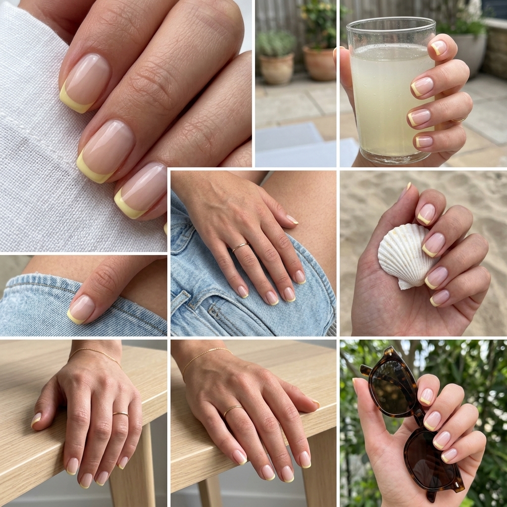 Minimalist pastel yellow sheer French tip short squoval nails for summer nails yellow 2026. Office.