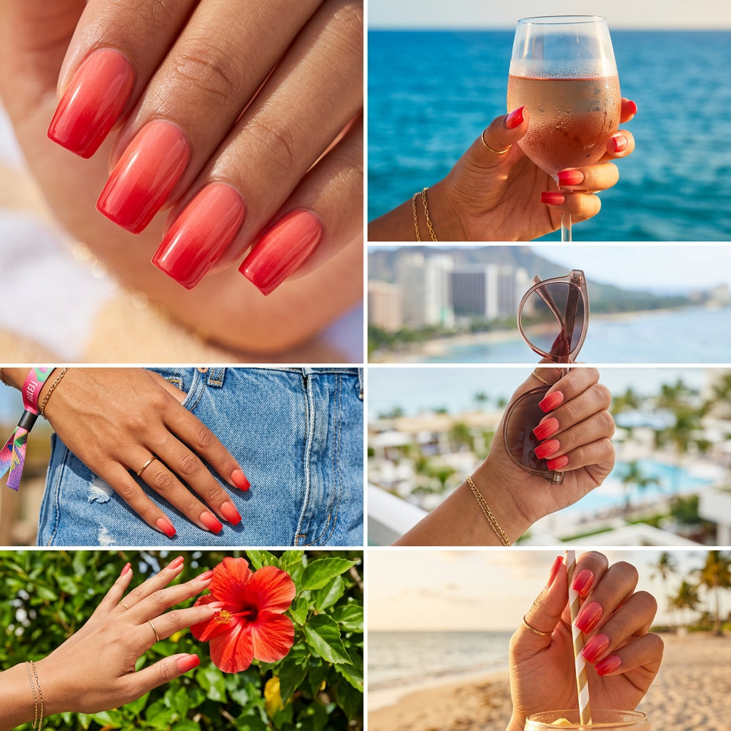 Summer Red Nails 2026: Cherry Red Airbrush Sunset Cherry red airbrush sunset nails for summer red nails 2026 casual days, vacation, festivals. Vibrant, playful.