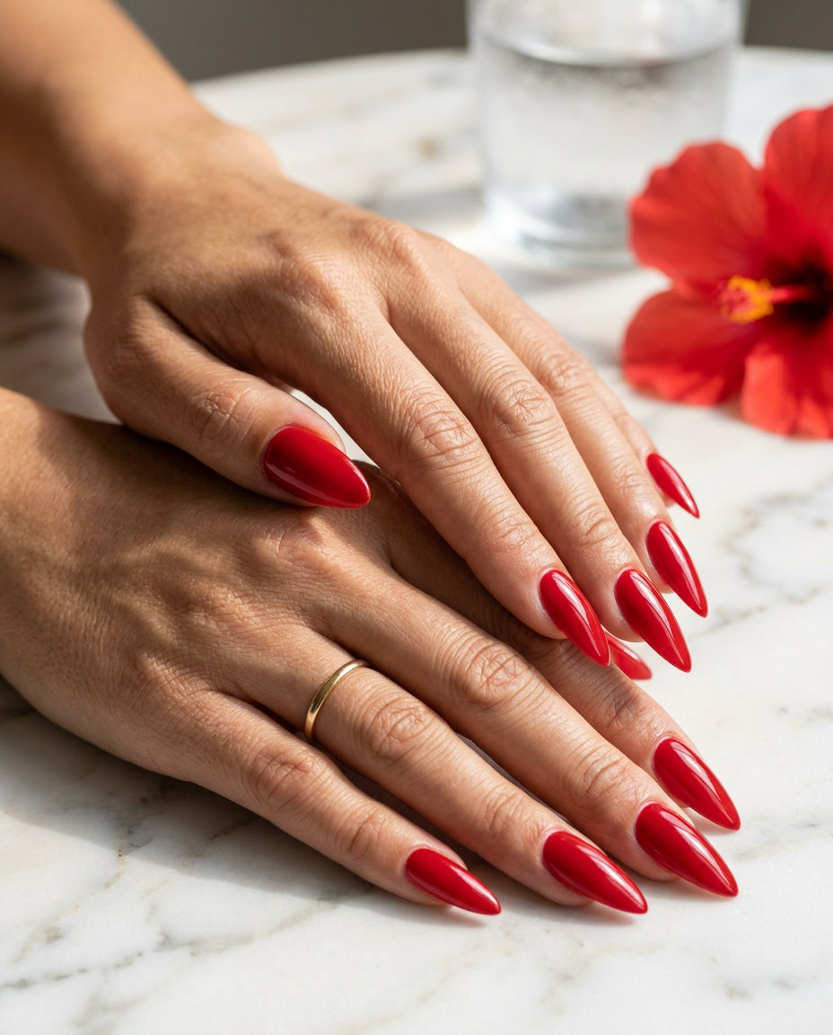 Cherry Red Aura Gradient Nails 2026 Cherry Red Aura Gradient nails: playful blend of cherry red and peachy-pink for summer red nails 2026.