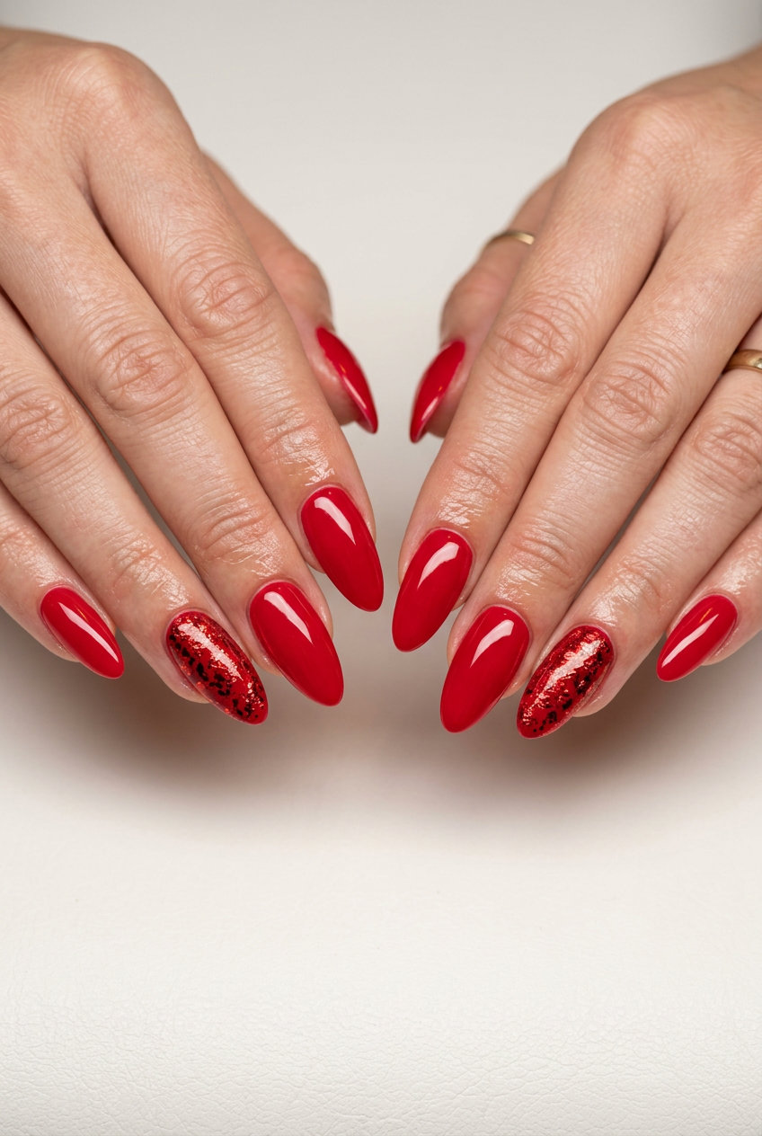 Summer Red Nails 2026: Cherry Red Foil Flake Accent Cherry red foil flake accent nails for summer red nails 2026 parties, celebrations, weekend fun. Festive, sparkly.