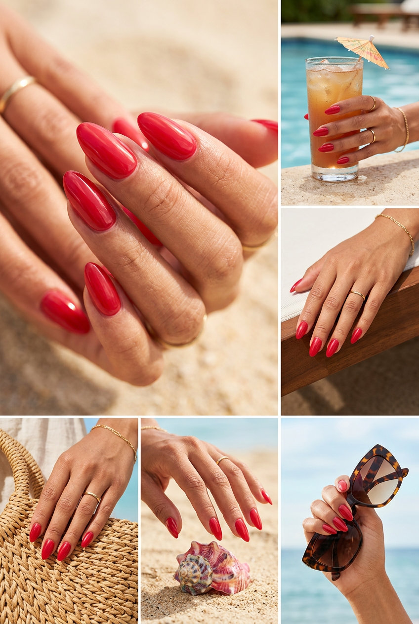 Cherry Red Glazed Donut Nails 2026 Cherry Red Glazed Donut nails: vibrant cherry red with a transparent, ultra-glossy finish for summer red nails 2026.