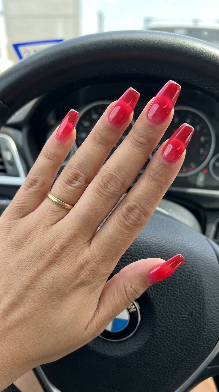 Cherry Red Jelly Ombre Nails 2026: Vacation Vibes Cherry Red Jelly Ombre nails for summer 2026 vacations. Juicy translucent cherry red gradient on sheer base.