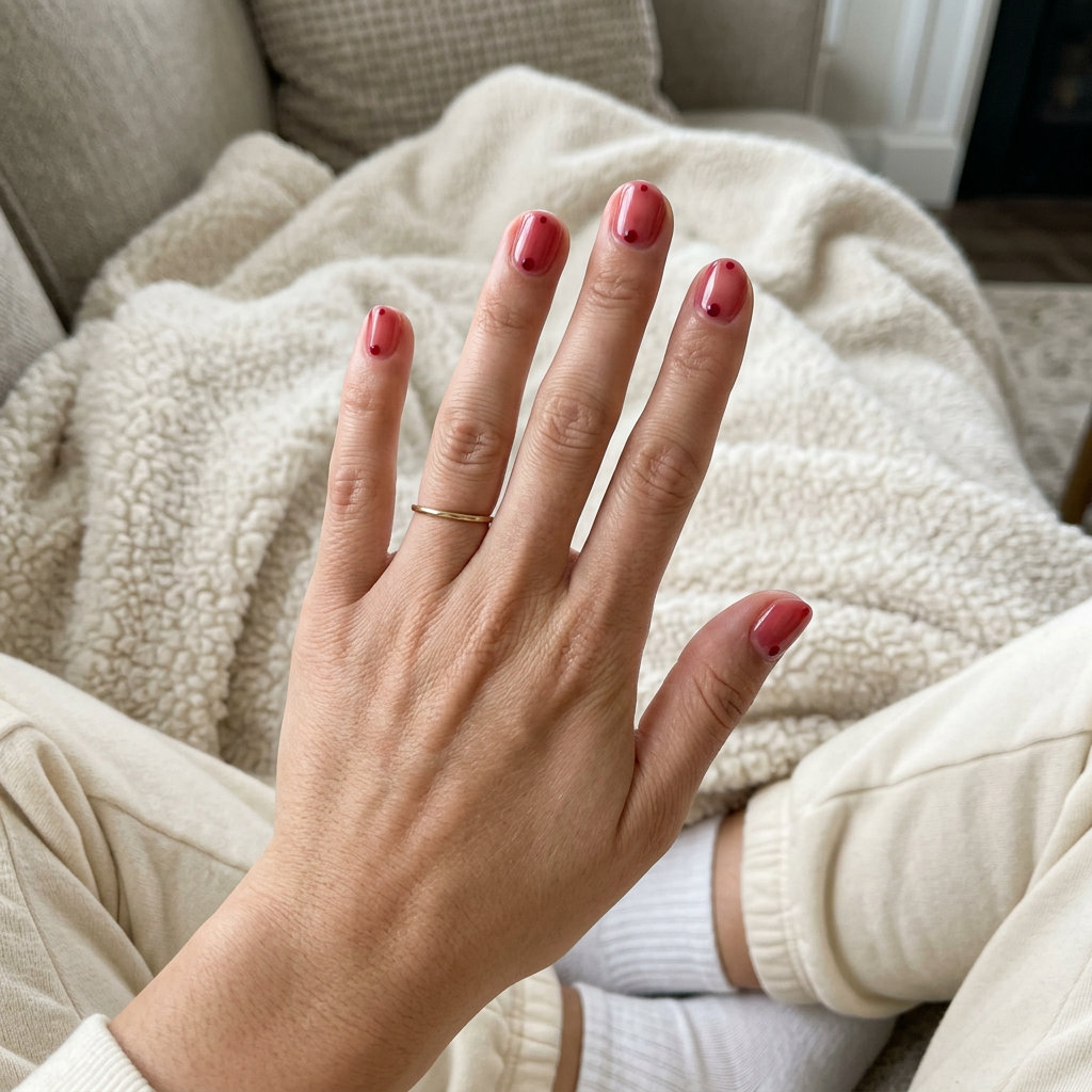 Crimson Dots on Sheer Nails 2026 | Minimalist Chic Style Crimson Dots on Sheer nails for summer red nails 2026: Sheer red with tiny crimson dots.
