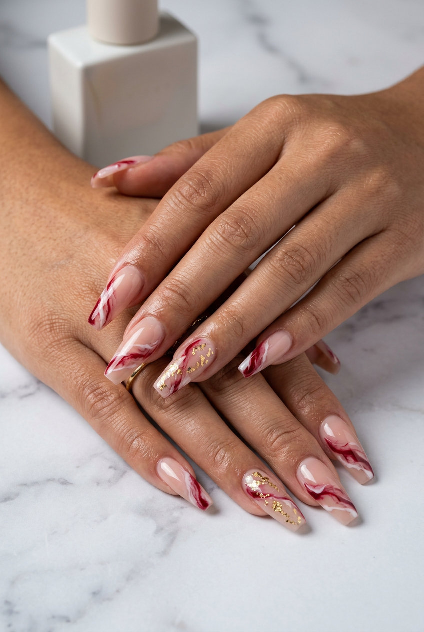 Crimson Marble Effect Coffin Nails 2026 Crimson Marble Effect Coffin nails for summer red nails 2026. Sophisticated and artistic for formal events.