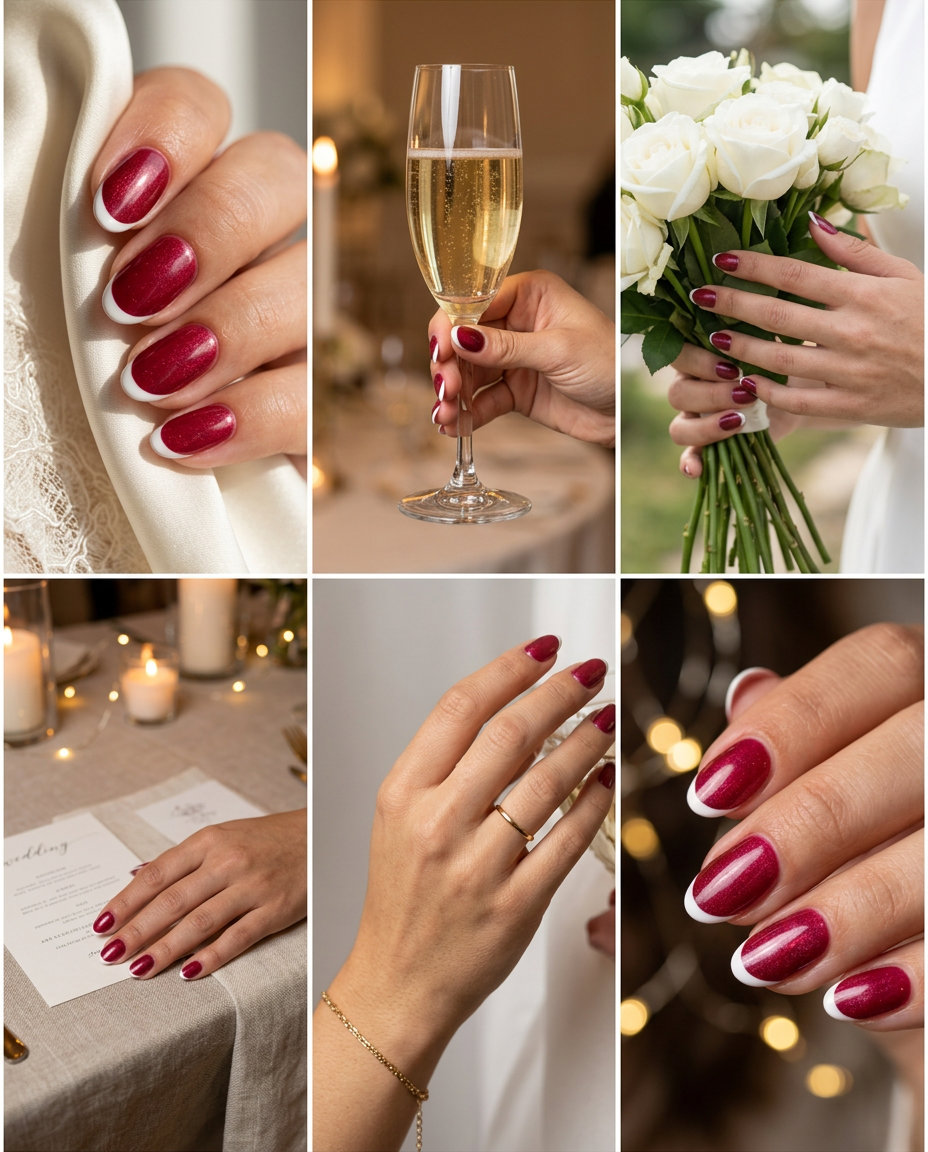Summer Red Nails 2026: Crimson Shimmer French Crimson shimmer French nails for summer red nails 2026 weddings, bridal showers, formal events. Romantic, elegant.