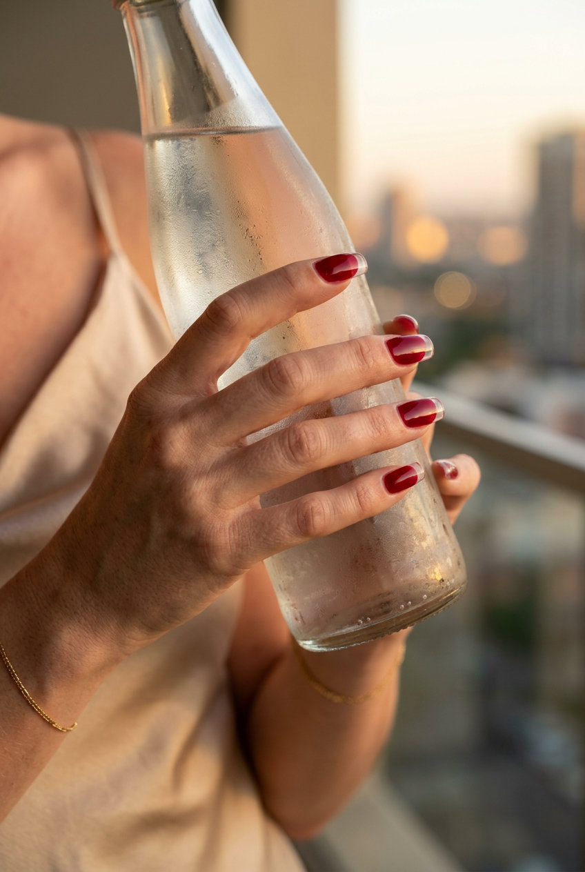Deep Crimson Jelly French Nails 2026 Deep Crimson Jelly French nails: sultry deep crimson jelly tips on a sheer nude base for summer red nails 2026.