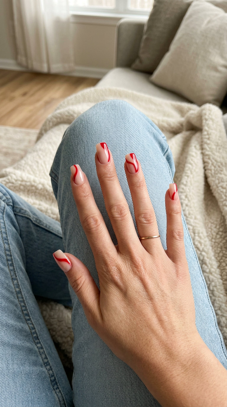 True Red Abstract Lines Nails 2026 | Artistic Summer Vibe True Red Abstract Lines nails for summer red nails 2026: Nude base with red abstract art.