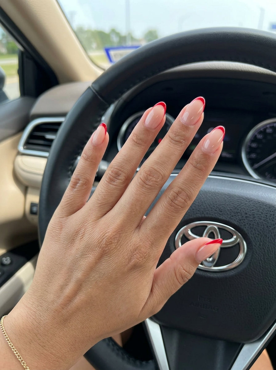 True Red Micro French Nails 2026 True Red Micro French nails: minimalist true red micro French tip on sheer nude for summer red nails 2026.