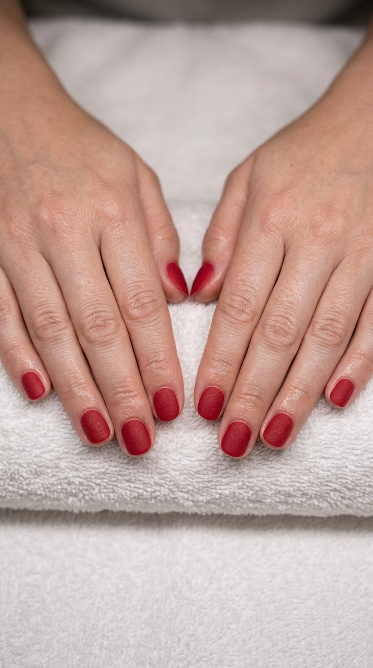 True Red Textured Matte Nails 2026 | Edgy Sophistication True Red Textured Matte Finish nails for summer red nails 2026: Opaque red with a unique texture.