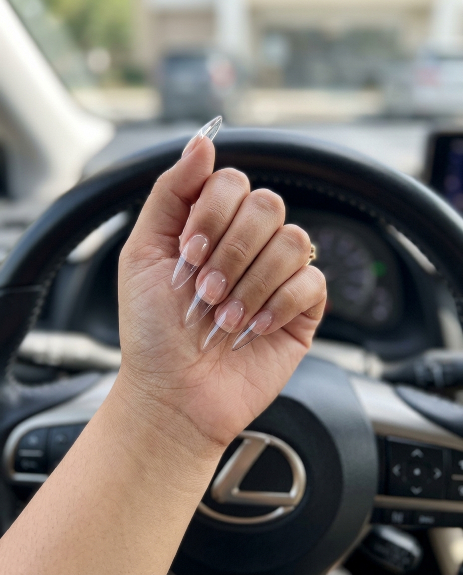 Crystal clear glass ballerina nails for summer vibes nails 2026, for avant-garde events.