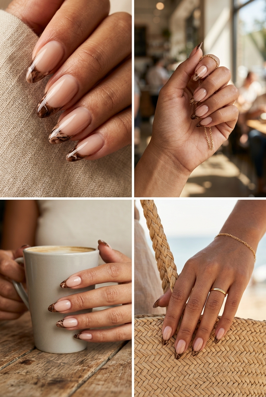 Earthy marble French tip almond nails for summer vibes nails 2026, great for daily wear, work, and casual events.
