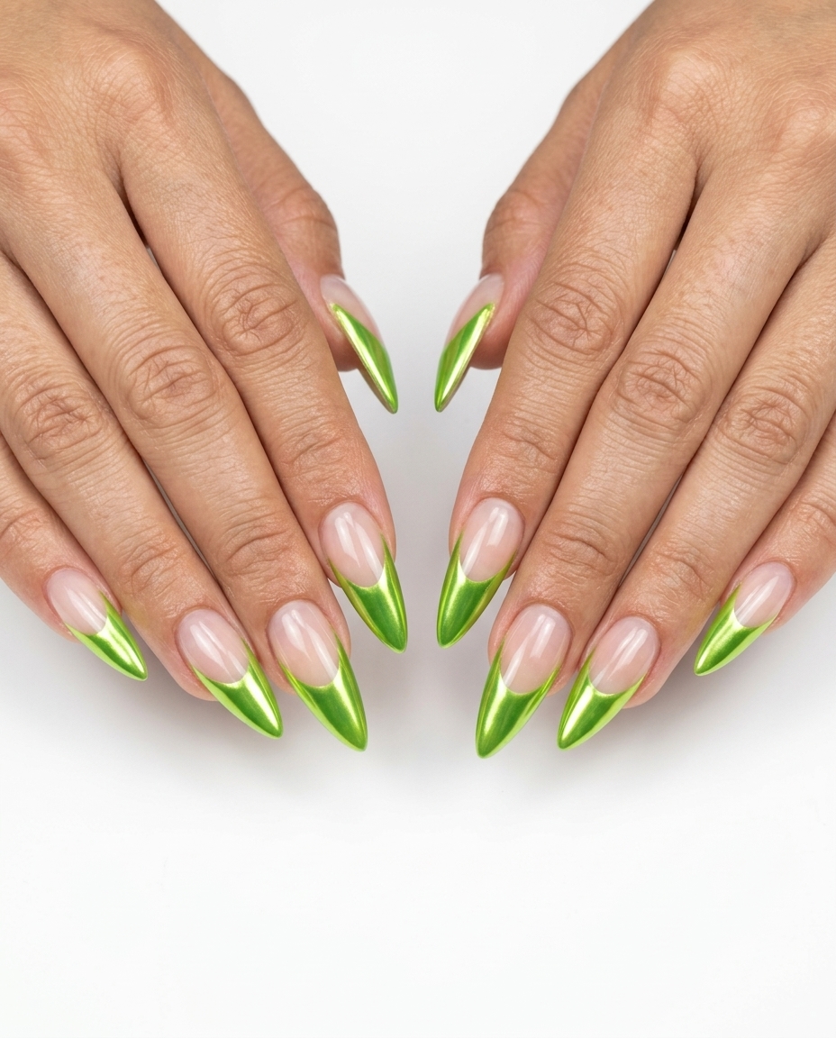 Electric Chrome Lime Green French Stiletto Nails 2026: Futuristic lime green chrome tips on extra-long stilettos for parties.