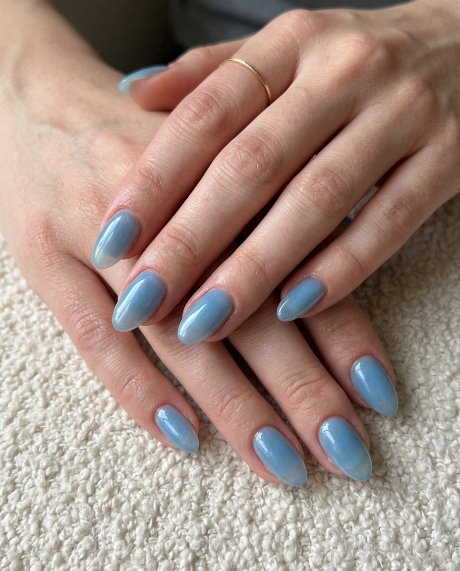 Icy Blue Aura Oval Nails 2026: Dreamy icy blue gradient with translucent effect for vacation and relaxation.
