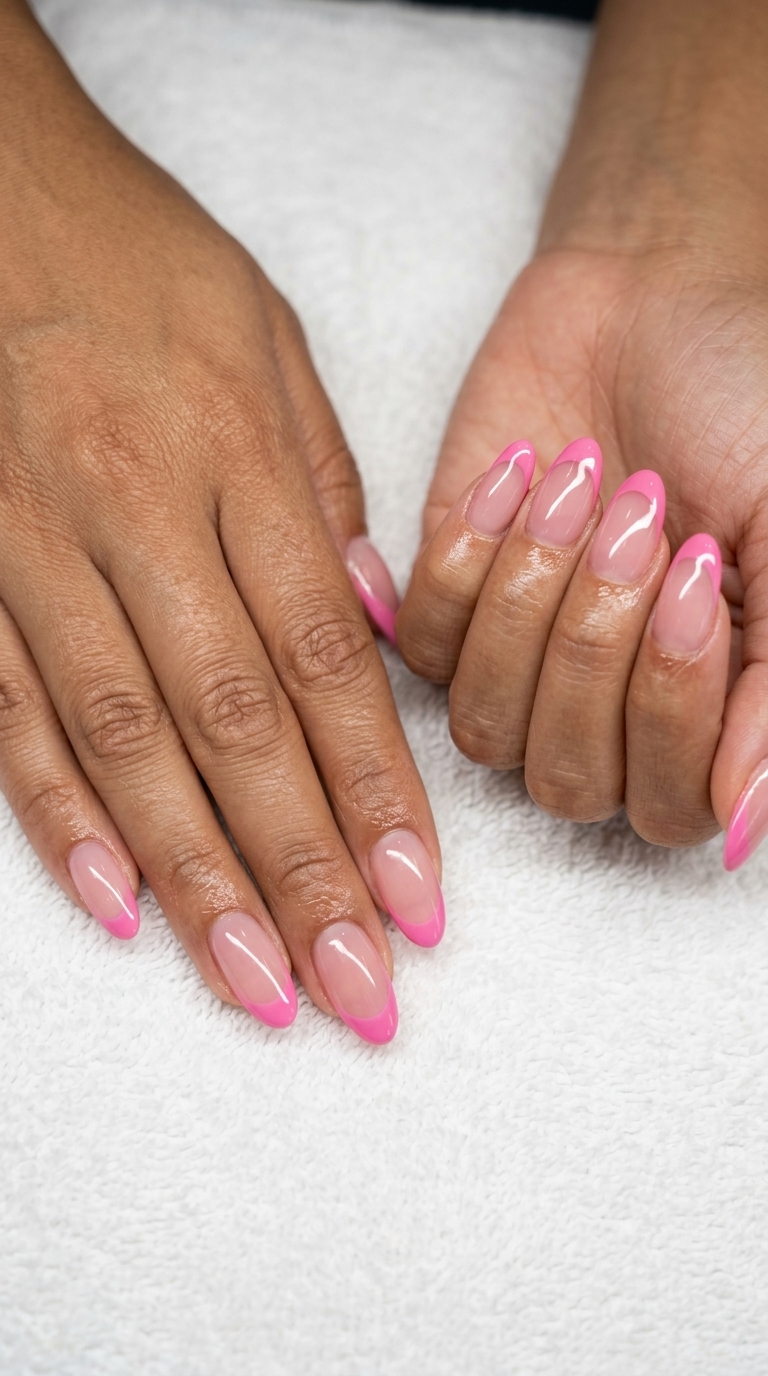 Juicy Pink Jelly French Long Oval Nails 2026: Romantic sheer pink jelly with bold pink French tips for special occasions.