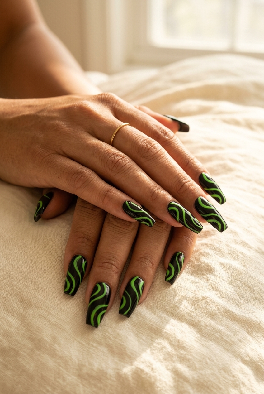 Lime green swirl coffin nails for summer vibes nails 2026, ideal for festivals and retro parties.