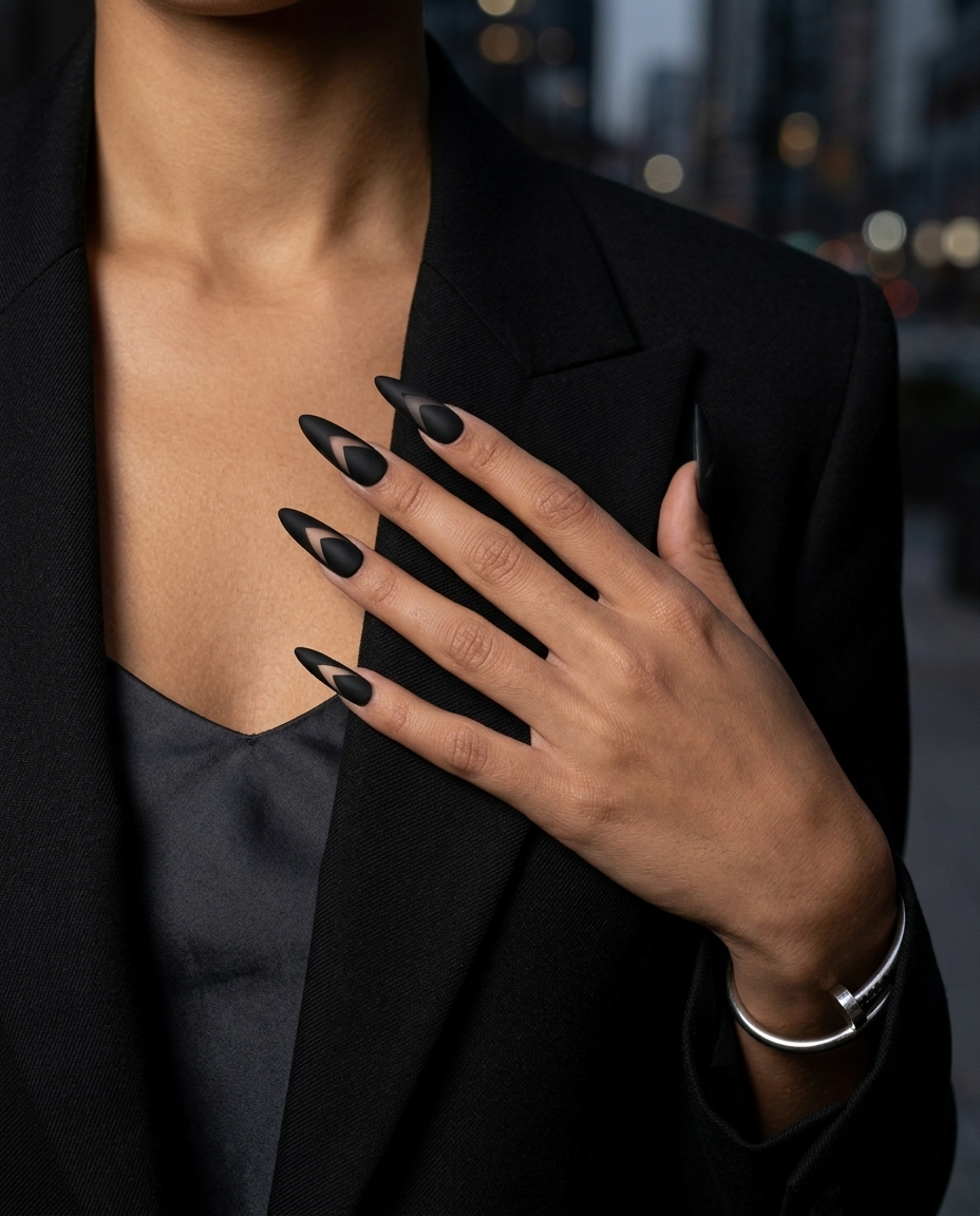Matte black negative space stiletto nails for summer vibes nails 2026, perfect for parties.