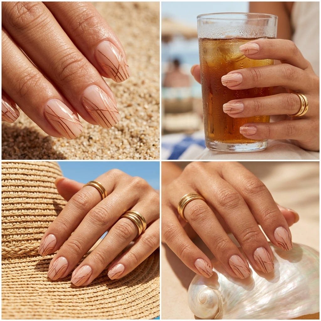 Metallic Copper Line Art Squoval Nails 2026: Sophisticated nude base with chic copper lines for daily and work wear.