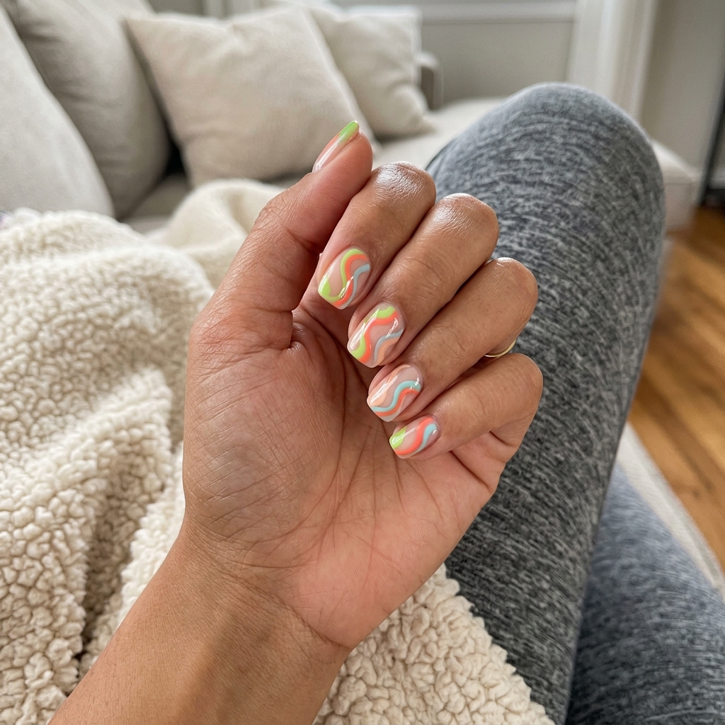 Abstract Swirls Multicolor Squoval Nails 2026: Playful multi-color swirls on sheer nude for festivals and vacation.