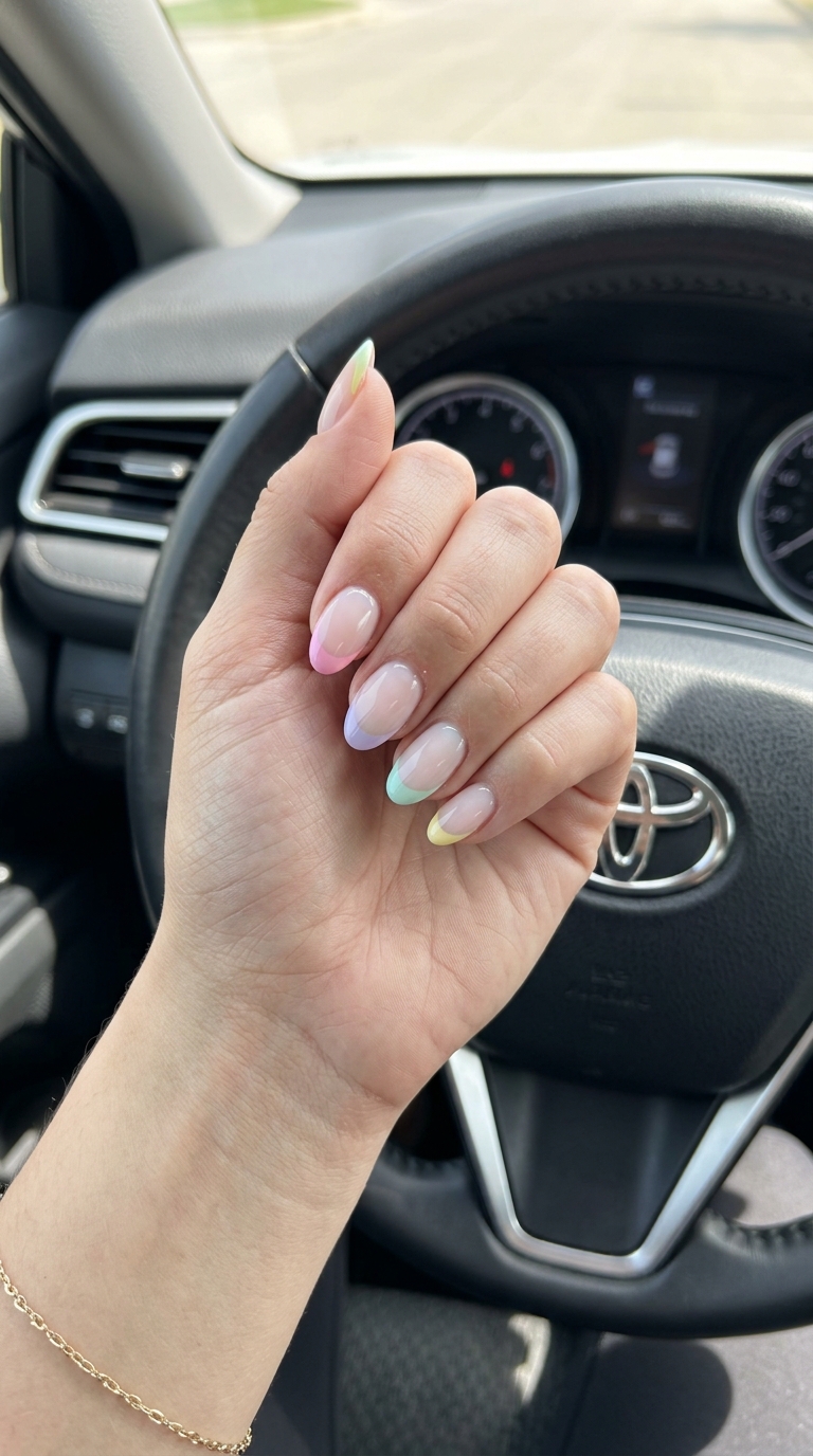 Pastel Rainbow Gradient French Oval Nails 2026: Whimsical pastel gradient tips for summer events and bridal showers.