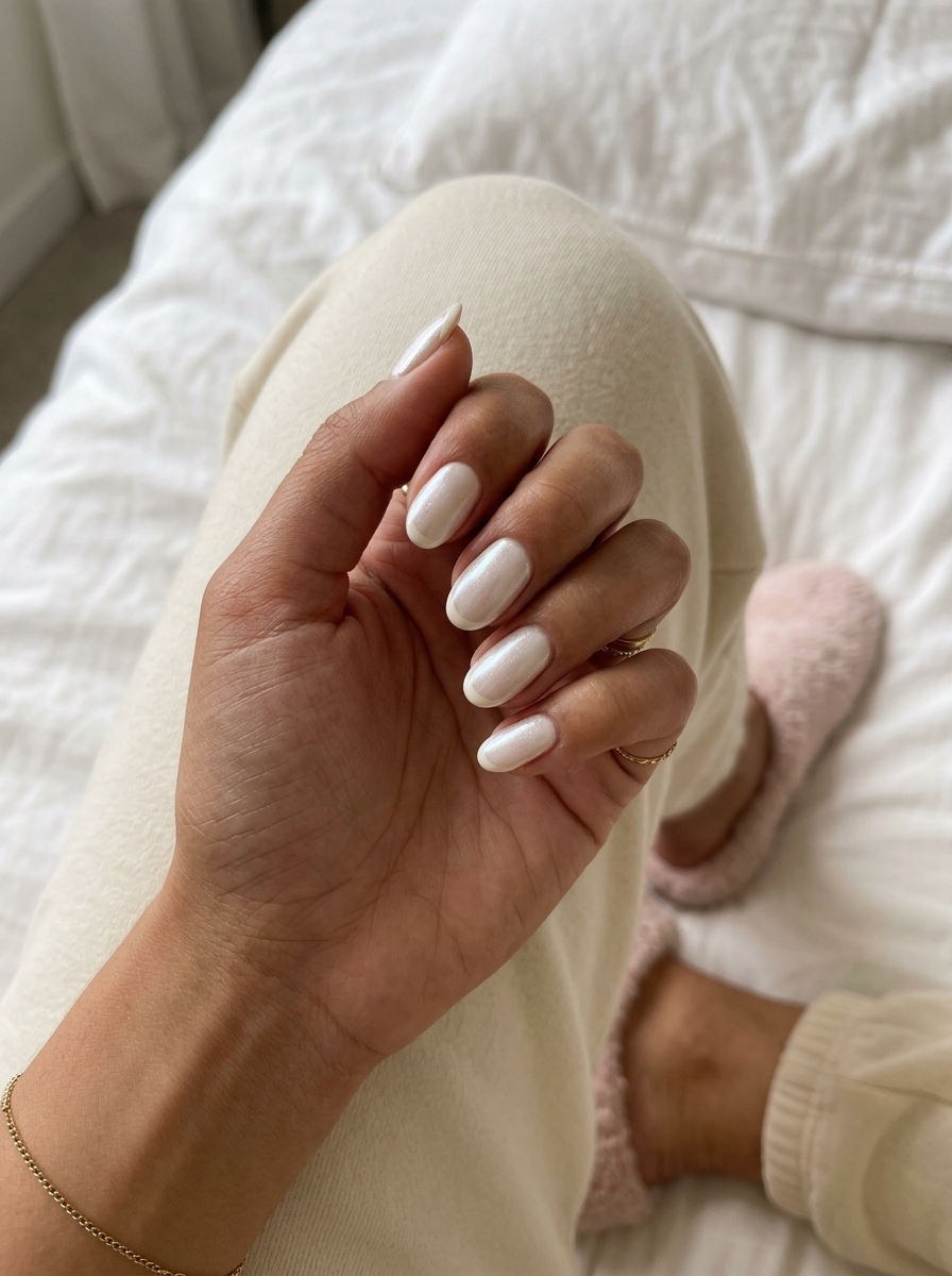 Pearlescent White Micro French Oval Nails 2026: Elegant pearlescent white with subtle off-white micro French tips for weddings.