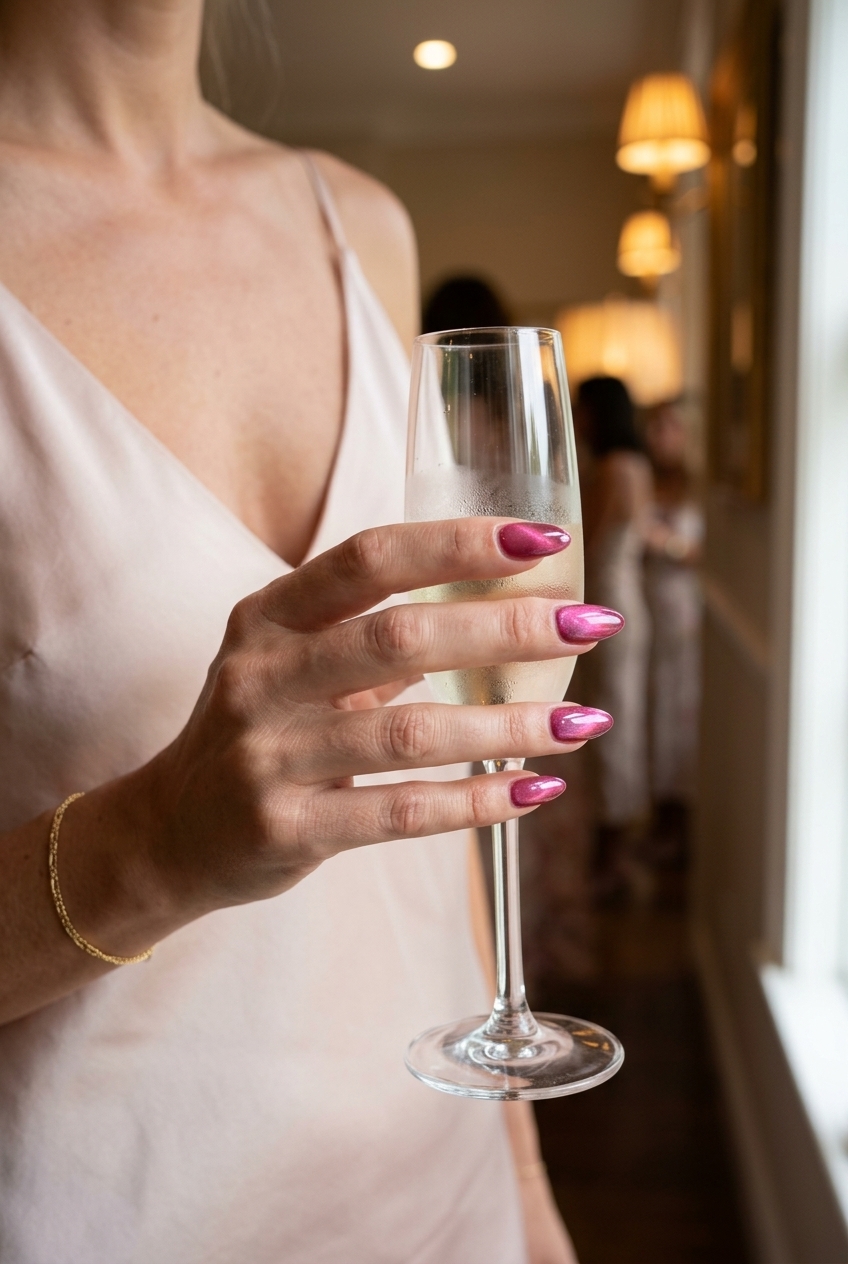 Shimmering pink cat-eye almond nails for summer vibes nails 2026, perfect for date night and evening events.