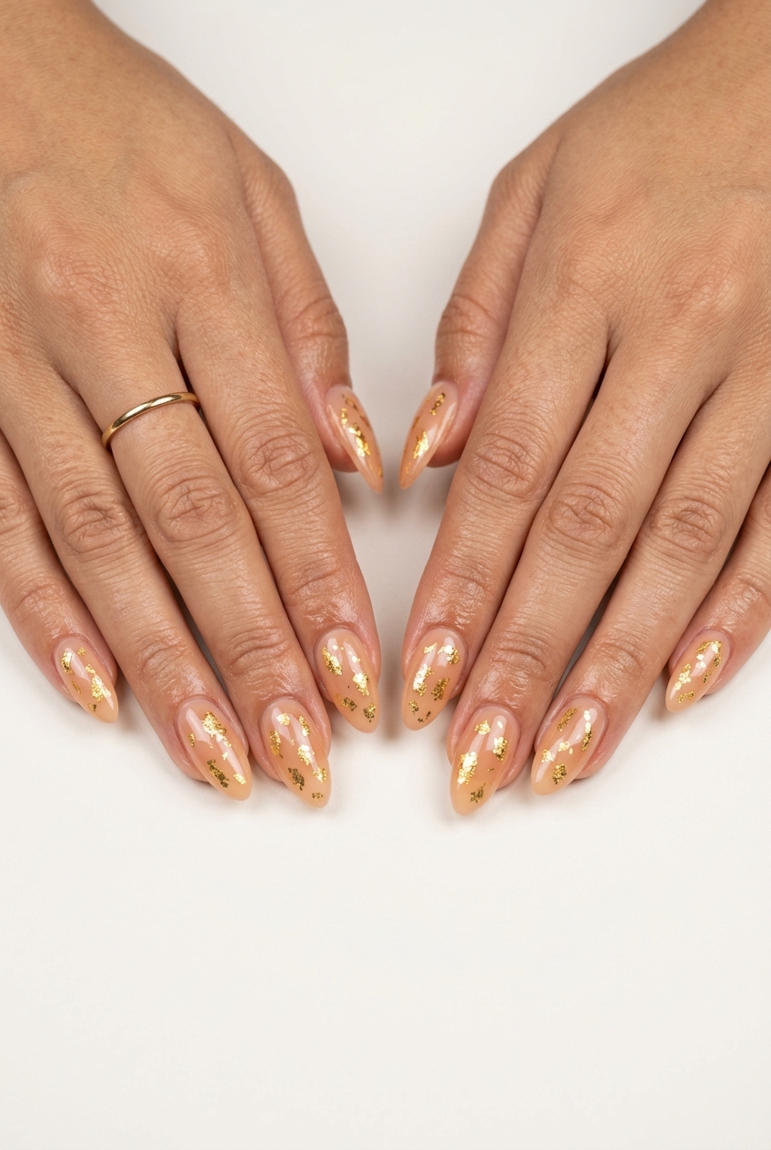 Sun-kissed gold foil flakes almond nails for summer vibes nails 2026, perfect for summer weddings.