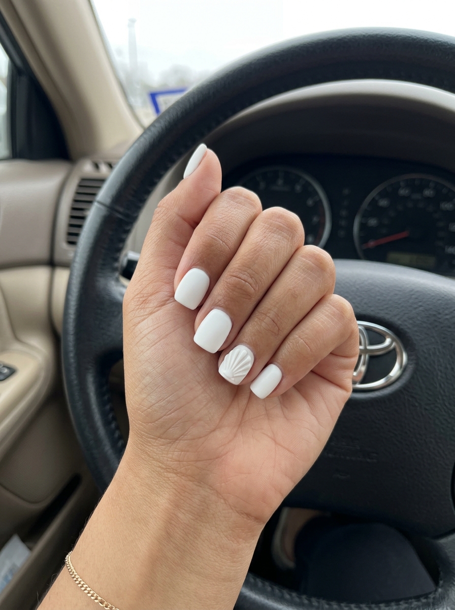 Textured white seashell squoval nails for summer vibes nails 2026, perfect for beach trips.